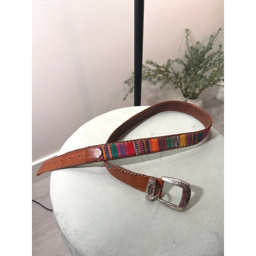 Vintage Southwestern Woven Leather Belt Brown Multi Silver Buckle Boho 39 Inch